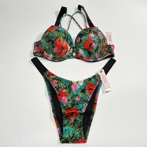 Victoria Secret 36B M Bombshell Push Up Bikini Top Set Shine Strap Palm Tropical - Picture 1 of 10